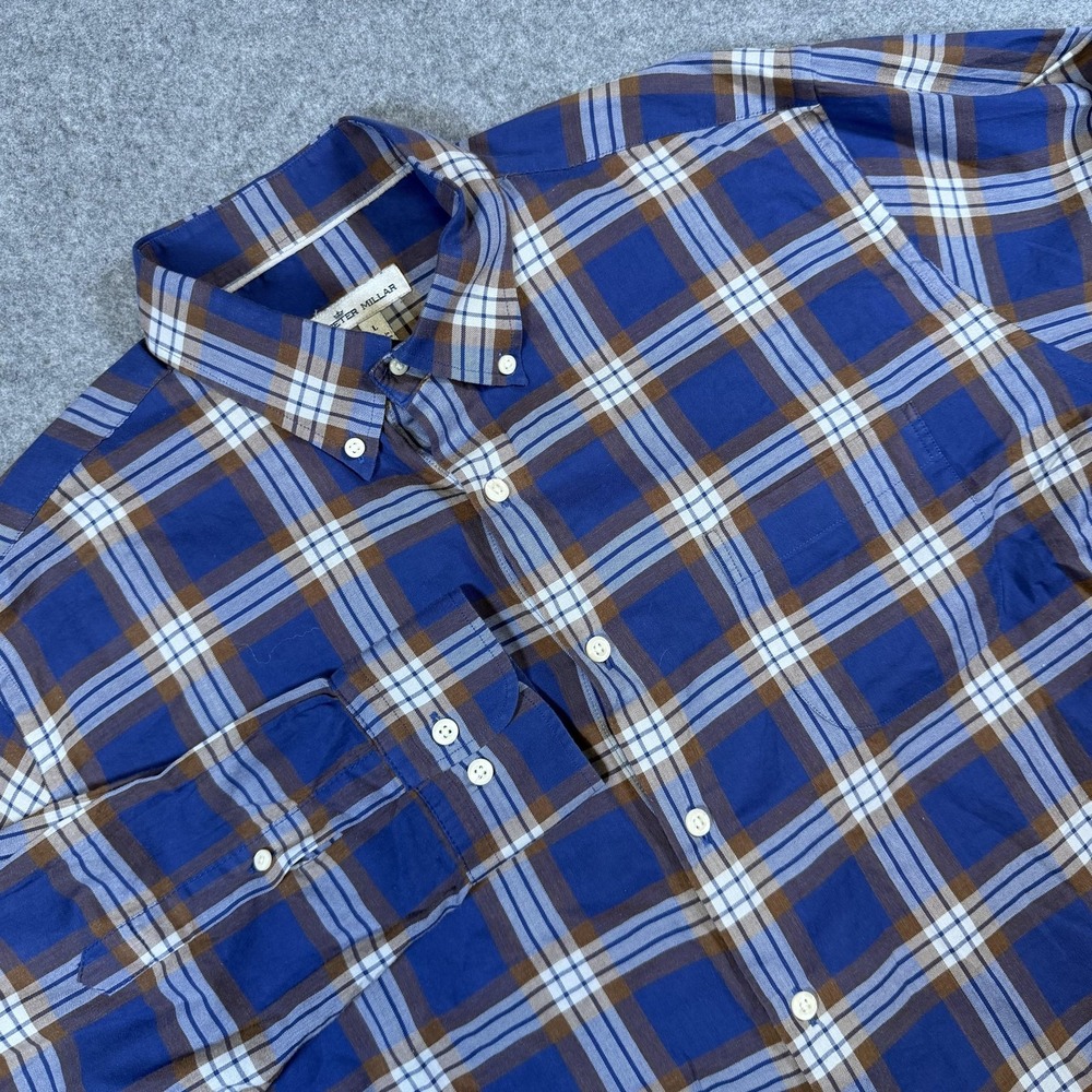 Peter Millar Shirt Mens Large Blue Brown Plaid Long Sleeve Button Down Cotton